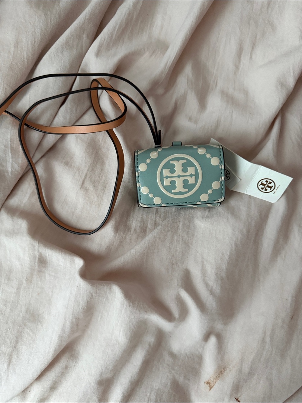 Tory Burch AirPods case Pale Blue Logo Mini Crossbody Card Case with Tan Strap